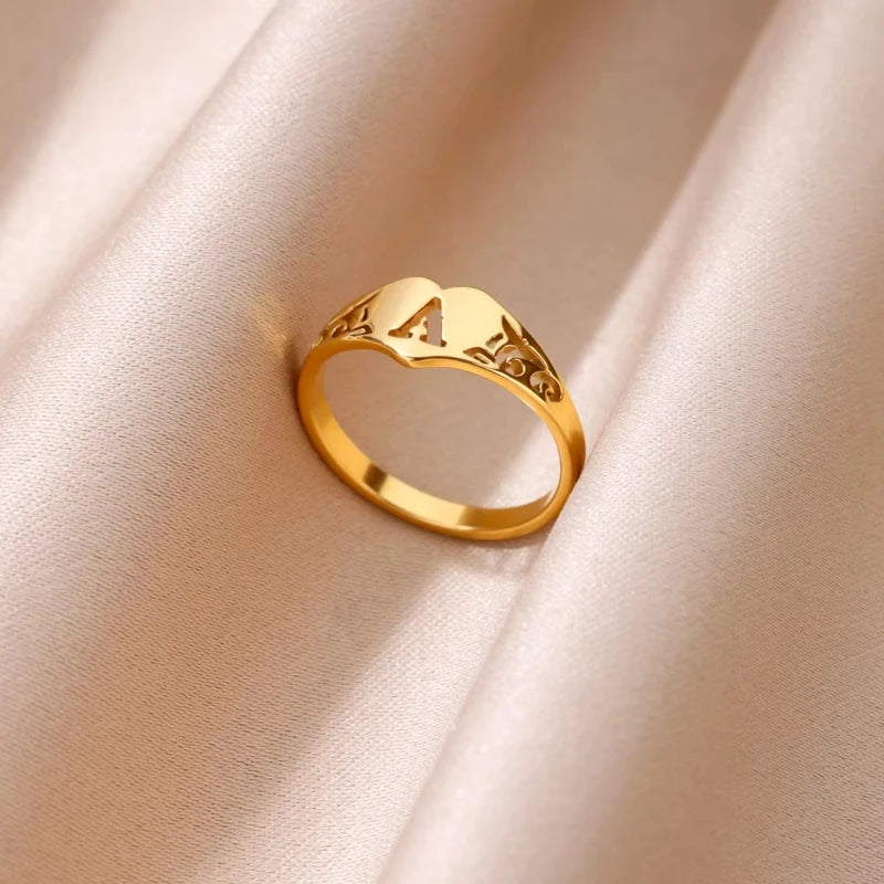 Stainless Steel A-Z Letter Heart Rings for Women - Hollow Initial Jewelry