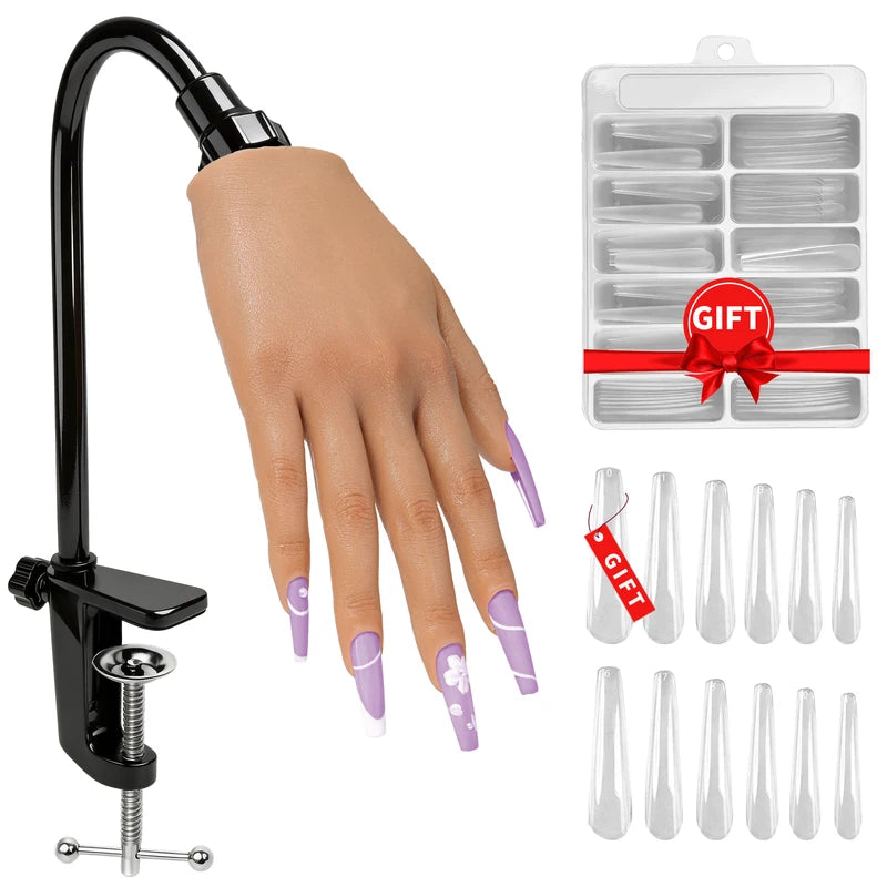 Practice Hand for Acrylic Nails - Silicone Flexible Fingers, Reusable Nail Training Tool