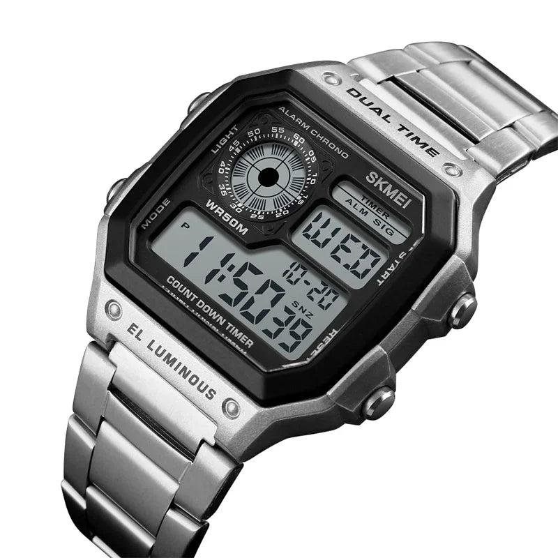 Digital Sports Watch Men Waterproof Dual Time Zone Stainless Steel Band