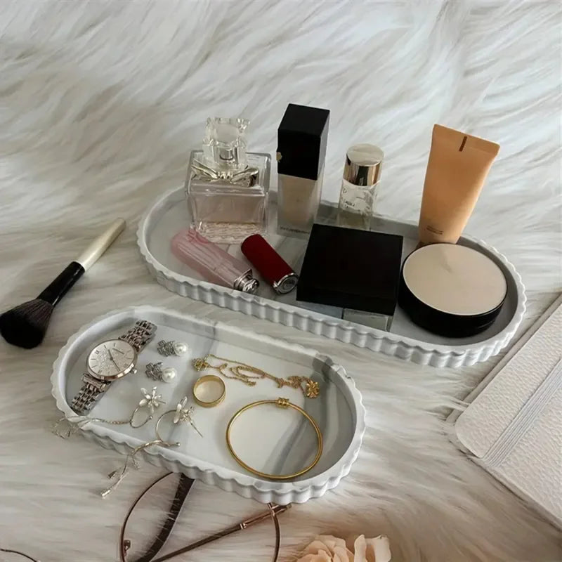 Oval Vanity Tray with Soap Dispenser and Jewelry Display Silicone Bathroom Organizer