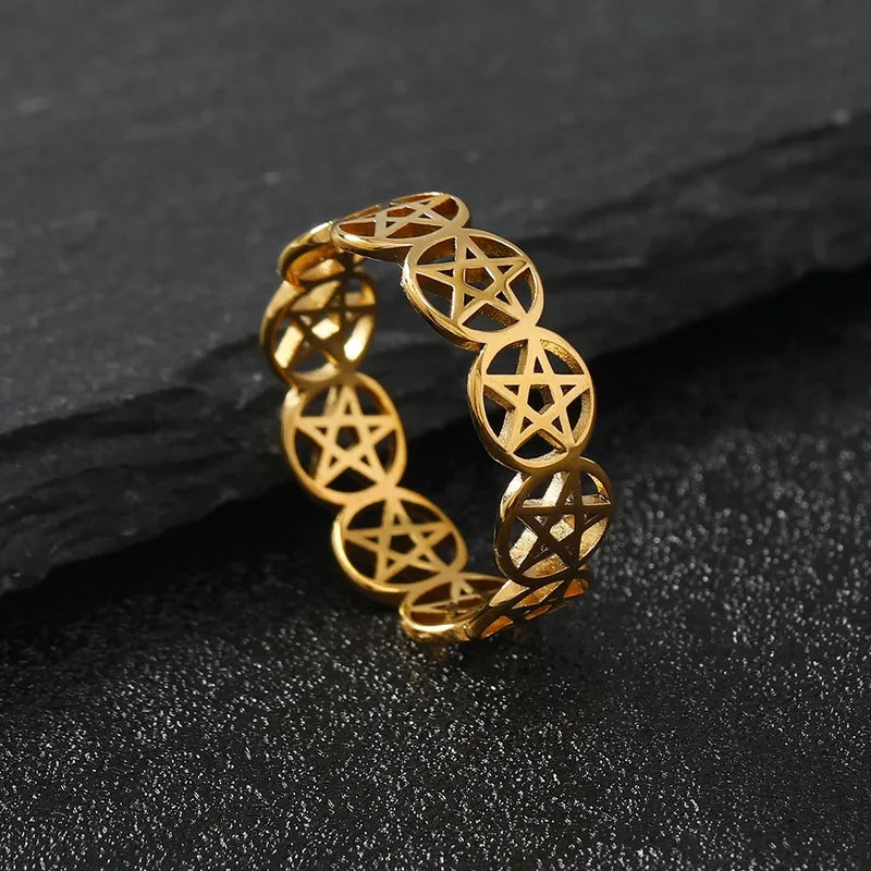 Stainless Steel Pentagram Ring for Women Geometric Wicca Protection Jewelry