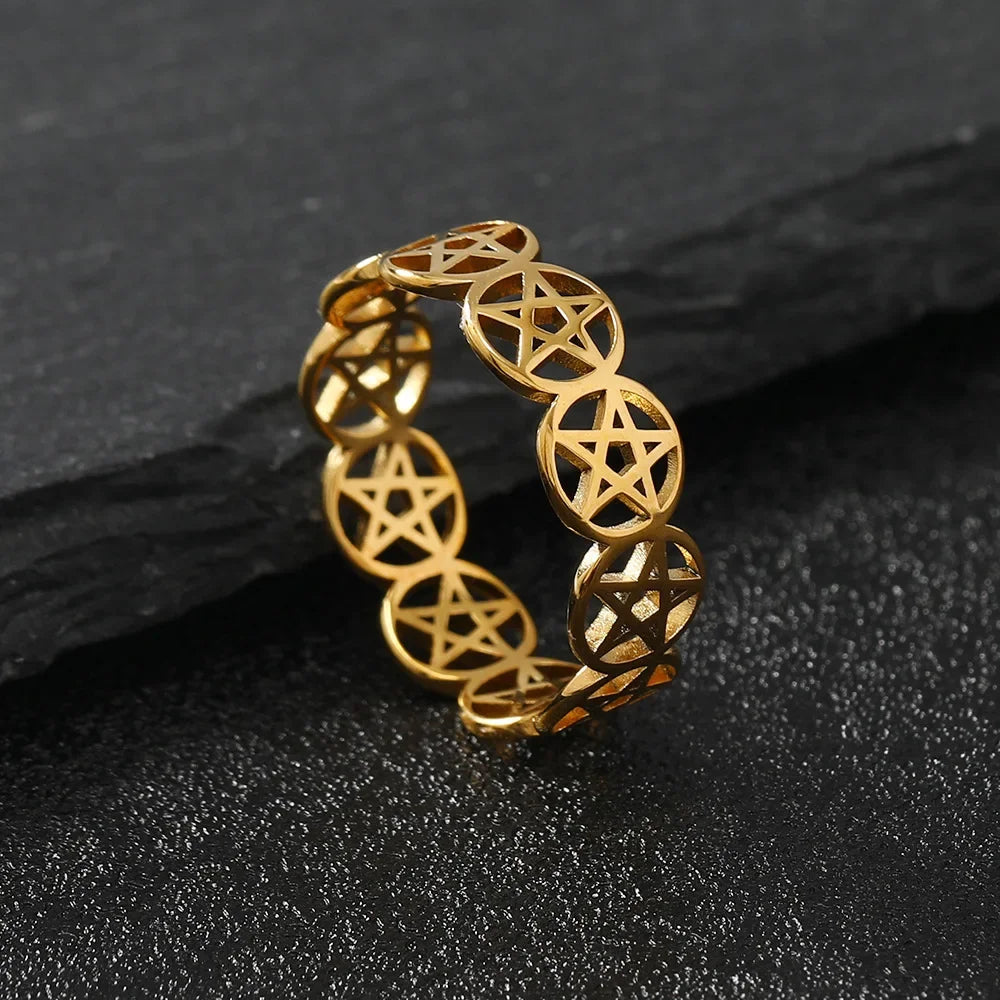 Stainless Steel Pentagram Ring for Women Geometric Wicca Protection Jewelry