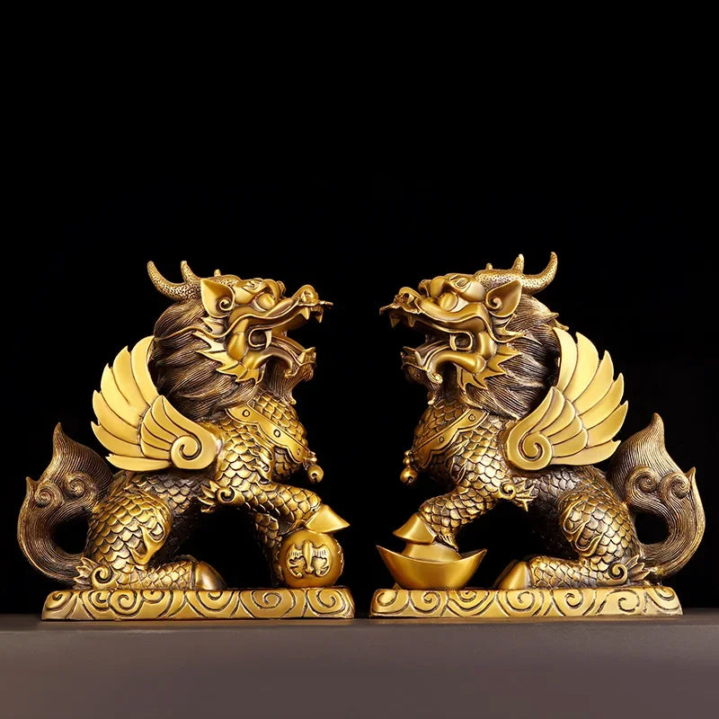 Feng Shui Copper Unicorn Ornament with Yuanbao for Home Office Decor