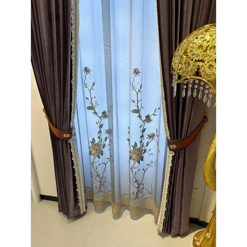 Elegant Gauze Curtains with Embroidered Lace for Living Room, Bedroom & Dining