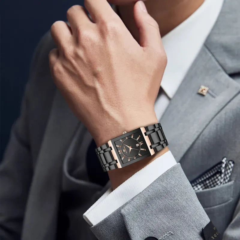 Men's Business Dress Watch Luxury Rectangular Black Gold Stainless Steel Waterproof Quartz