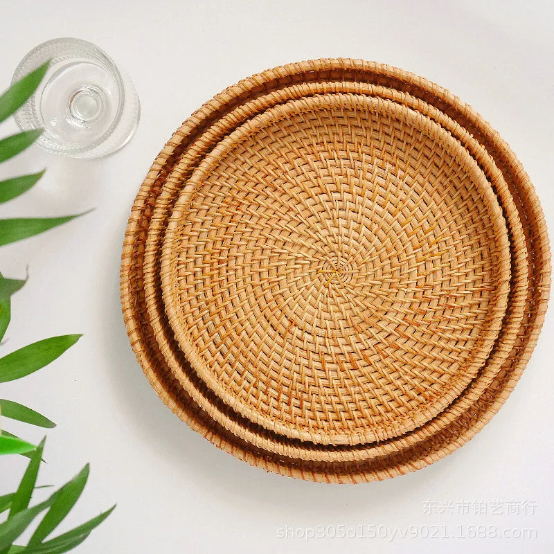 Hand-Woven Vietnam Rattan Round Tray Basket Japanese Style Bread Storage Organizer