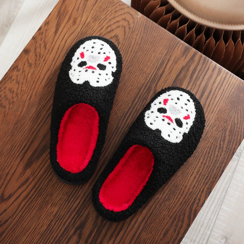 Warm Non-Slip Plush Indoor Slippers for Men and Women - Halloween Skull Pattern, Autumn Winter Gift