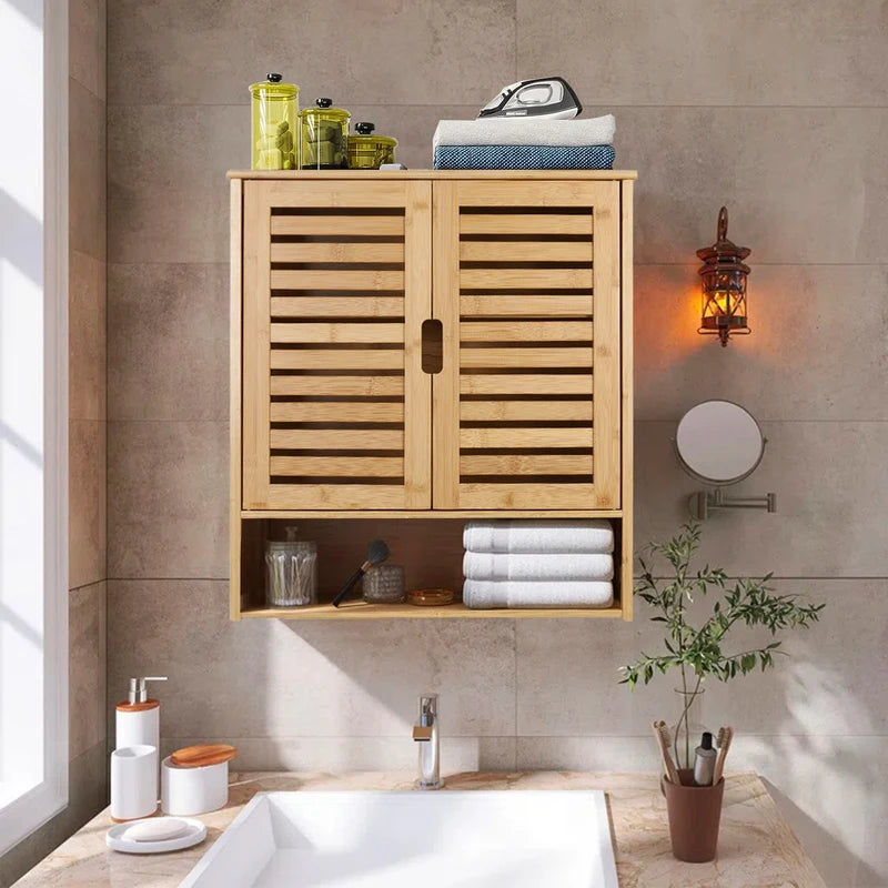 Wall Mounted Bamboo Bathroom Storage Cabinet with Shelves and Organizer Rack