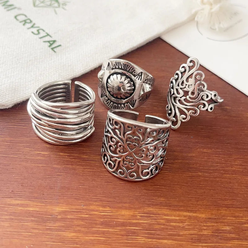 925 Sterling Silver Geometric Adjustable Ring for Women - Flower Hollow Design