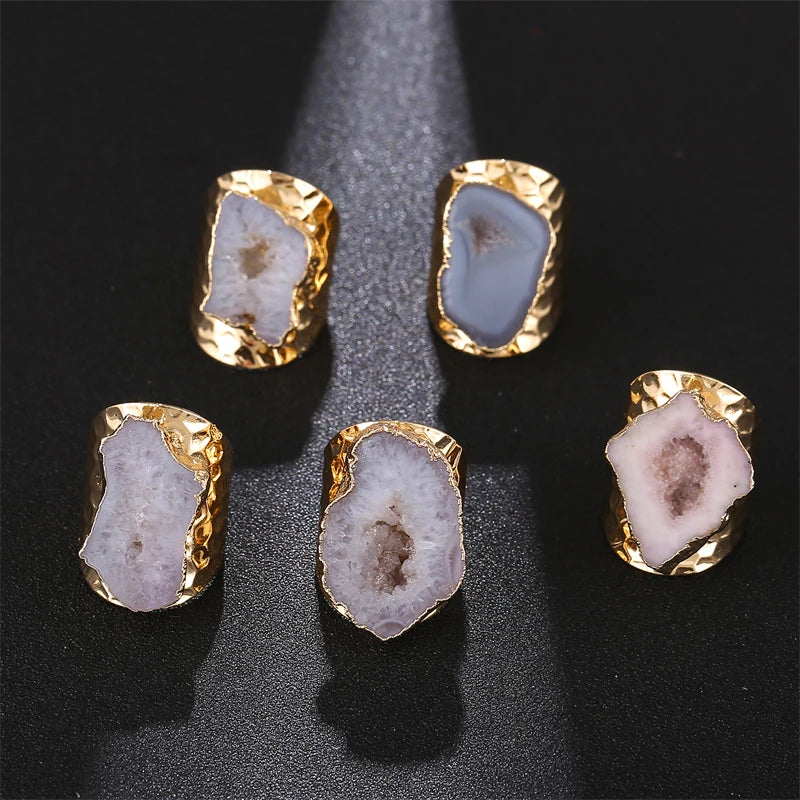 Natural Agate Stone Wide Open Adjustable Ring for Women Boho Jewelry