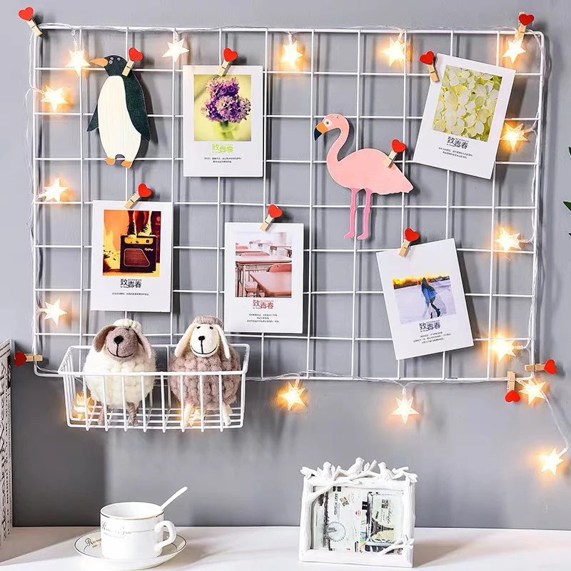 Home Wall Decoration Iron Grid Organizer with Photo Frames and Storage Shelf