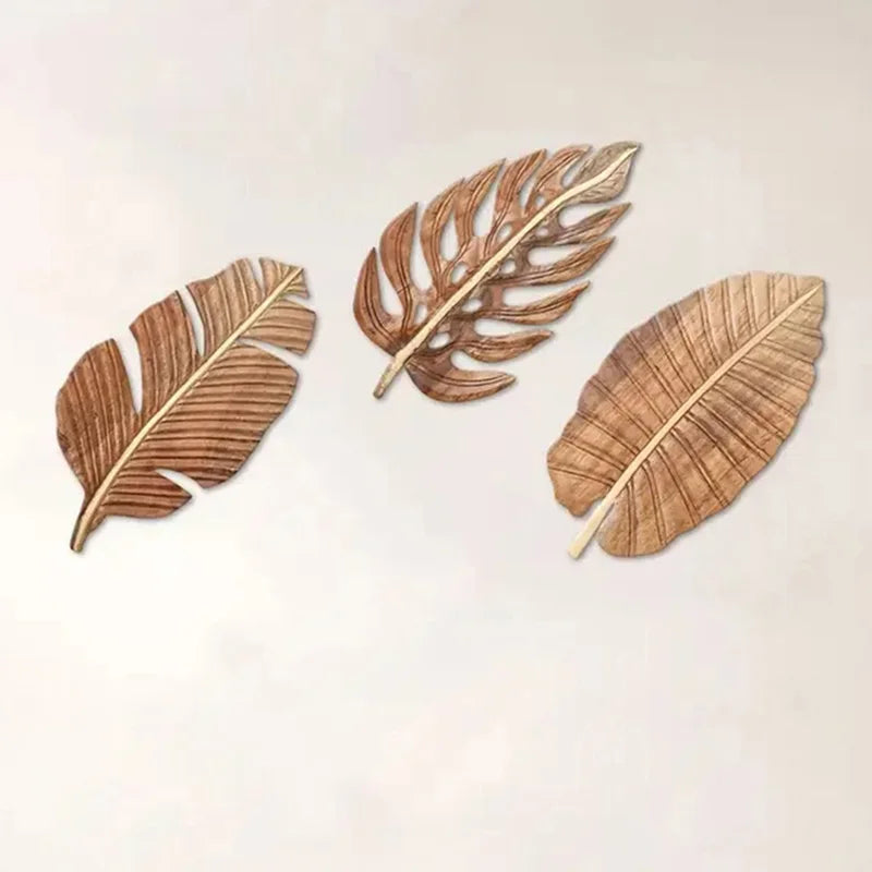 Wood Leaf Wall Art Decor Set of 3 Bohemian Indoor Wall Sculptures