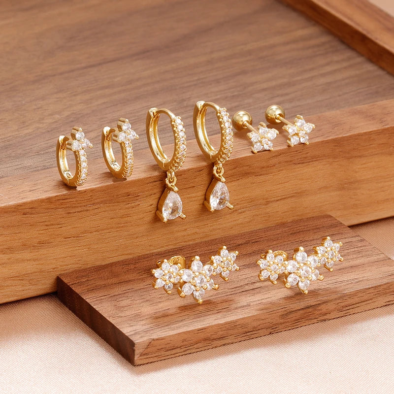 8PCS Stainless Steel Hoop Earrings Set for Women Crystal Flower Geometric Zircon Gold Plated Jewelry
