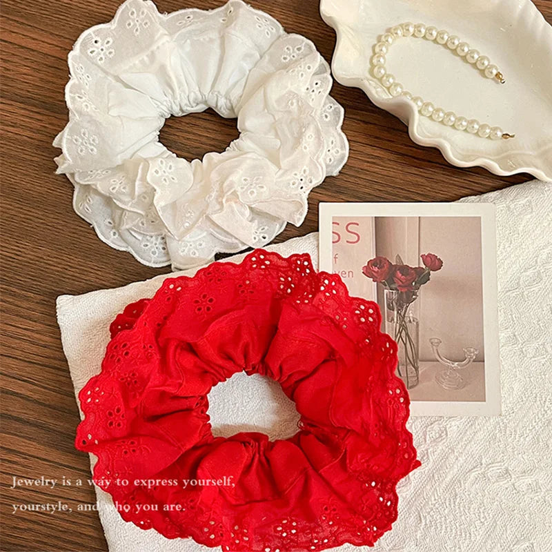 French Lace Wide Hair Scrunchie Band for Women Girls - Elegant Hair Accessory