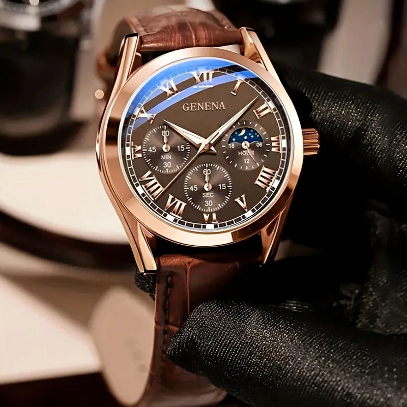 Men's Business and Casual Quartz Watch with Leather Strap and Roman Numeral Dial