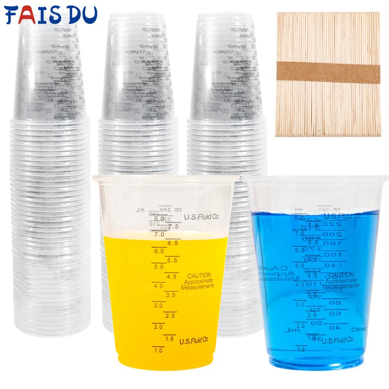 Disposable Measuring Cups with Stirring Sticks for Baking, Painting, Mixing - 8oz, Multi-Color
