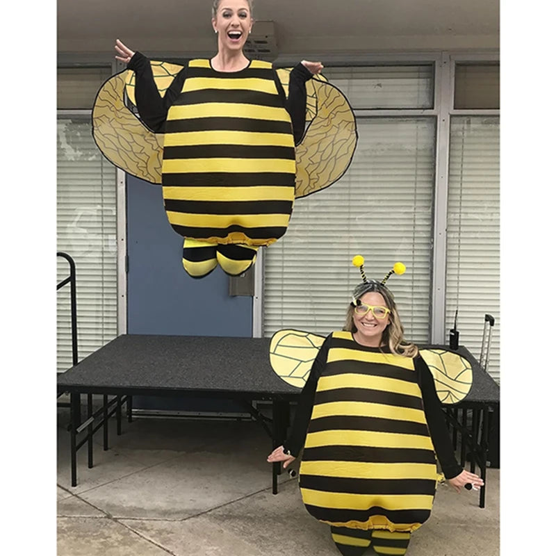 Women Halloween Bee Costume Long Sleeve Striped Patchwork Dress with Knee-high Socks & Hair Hoop