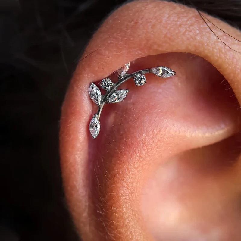 Marquise Zircon Leaf Piercing Stud 16G Titanium Earring for Tragus Conch Helix
