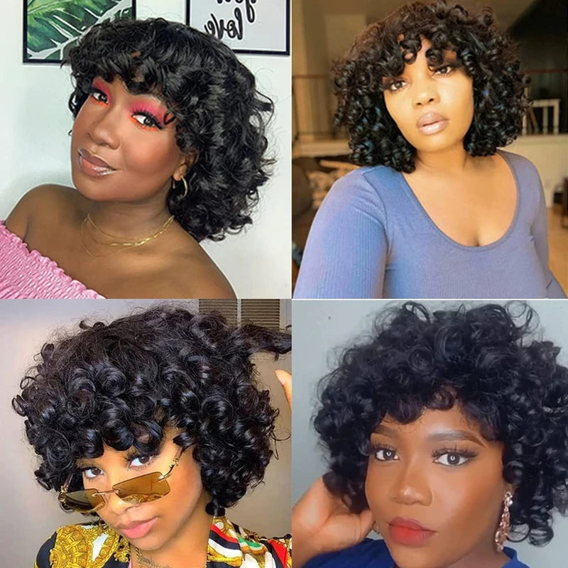 Curly Short Bob Wig with Bangs - Human Hair, Bouncy Afro Rose Style