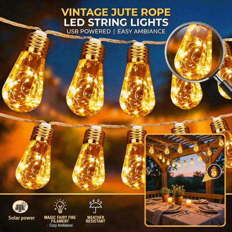 Solar Outdoor Fairy String Lights with Retro Hemp Rope - Waterproof Garden Decor