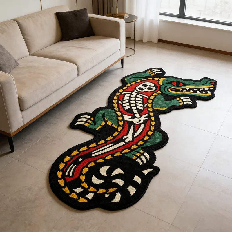 Retro Crocodile Skull Rug - Irregular-Shaped Carpet for Living Room & Bedroom Decor