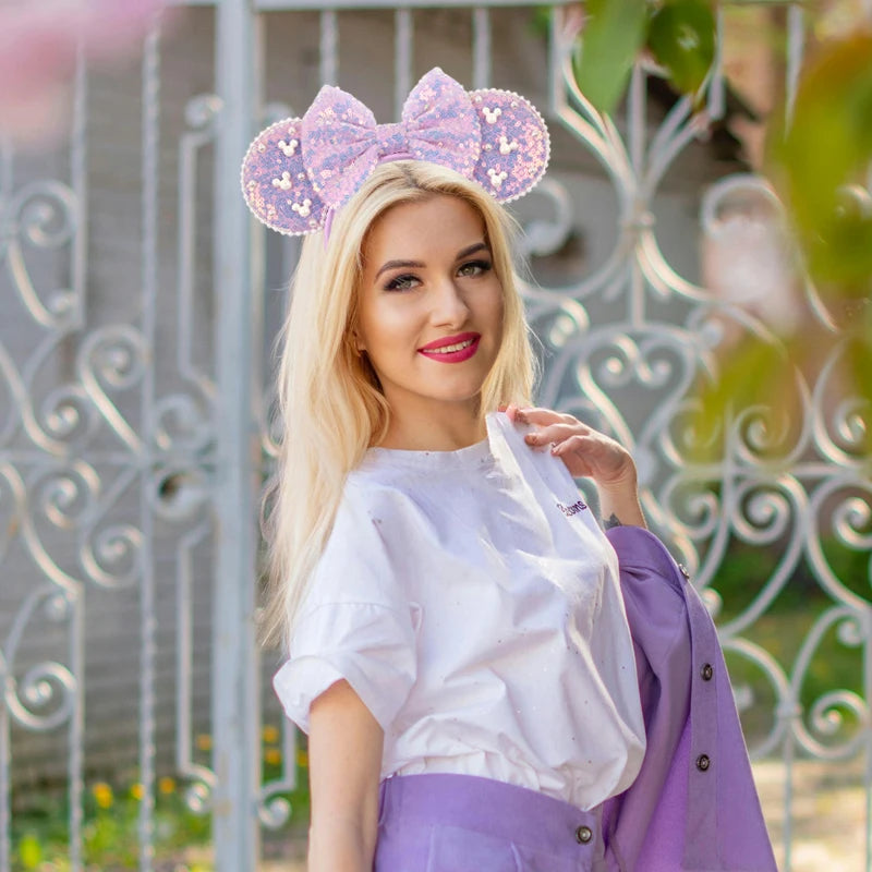 Girls Velvet Mouse Ear Hairband with Big Bow & Sequins - Kids Hair Accessories