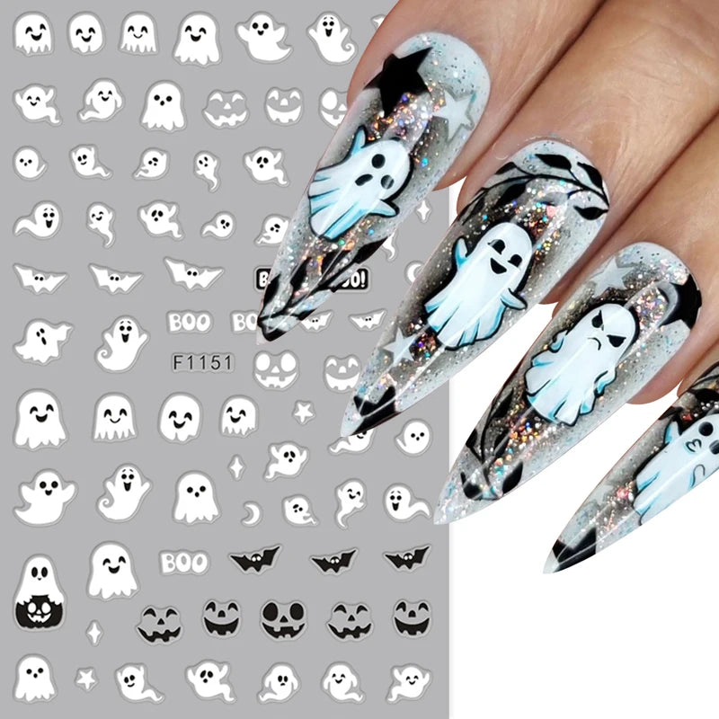 Glow-in-the-Dark Halloween Nail Stickers with Ghost and Pumpkin Designs - 2 Pieces