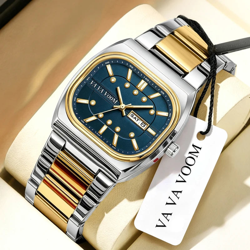 Men's 40mm Square Stainless Steel Quartz Watch - Waterproof Business & Sport Style