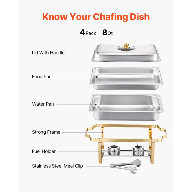 8 Qt Stainless Steel Chafing Dish Buffet Set with 4 Full-Size Pans for Catering