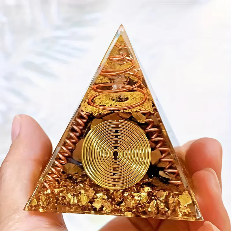 Crystal Pyramid with Tiger Eye Stones for Home Decor, Desktop Ornament