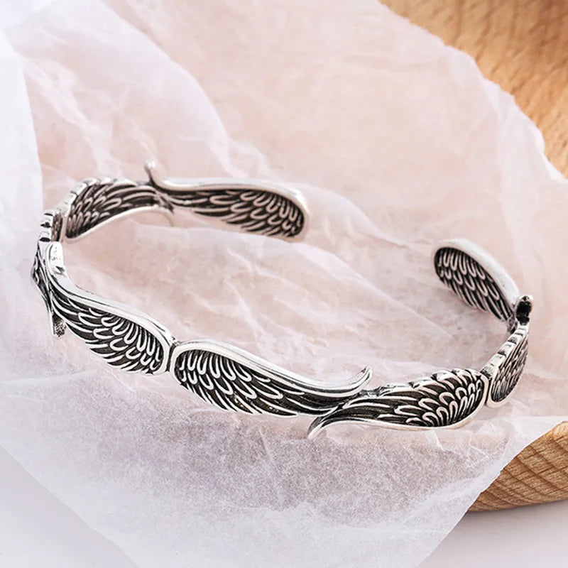 Sterling Silver Angel Wings Bracelet - Retro Thai Jewelry Open Cuff
