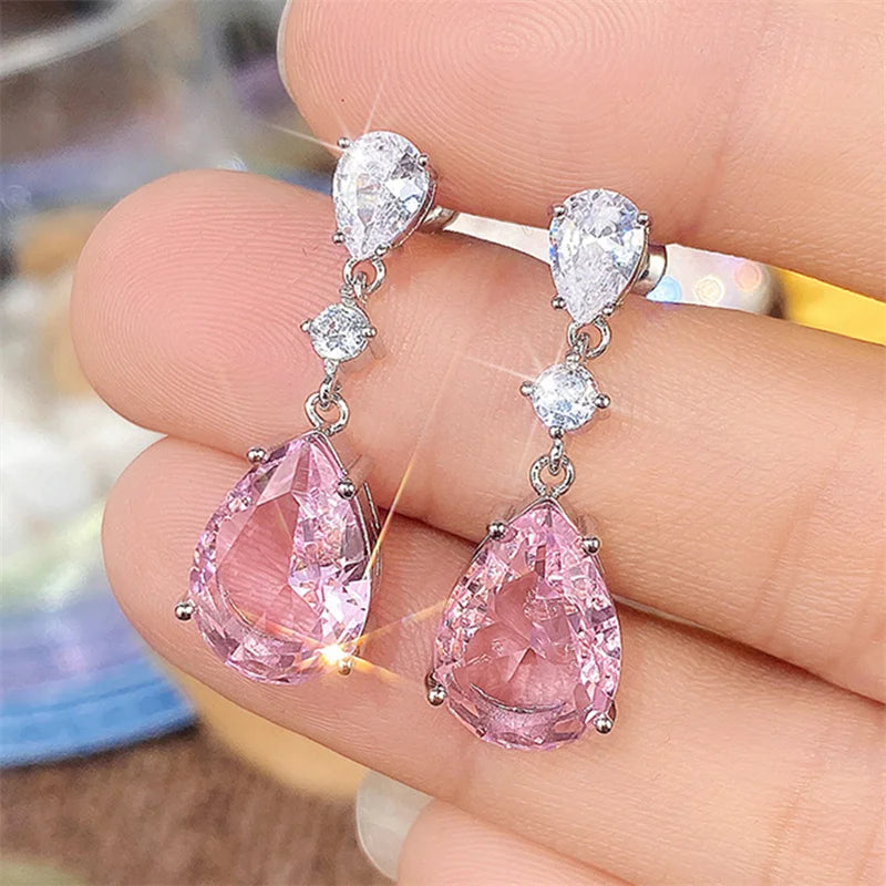 Pink Pear Drop Earrings with Cubic Zirconia for Women Engagement Party Jewelry