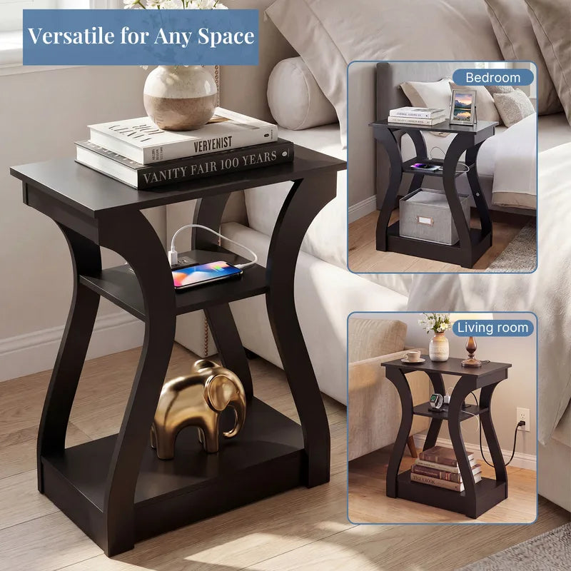 Living Room Side Table with Charging Station 3-Tier Storage Nightstand - Black & Grey