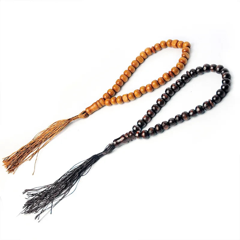 Wooden Muslim Prayer Beads 99 Rosary with Tassel - Handheld Islamic Bracelet or Decor