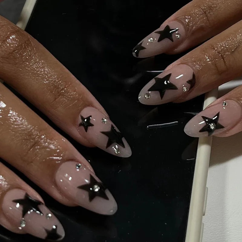 24Pcs Almond Fake Nail Tips with Bow Pearl Design - Press On Full Cover Nails