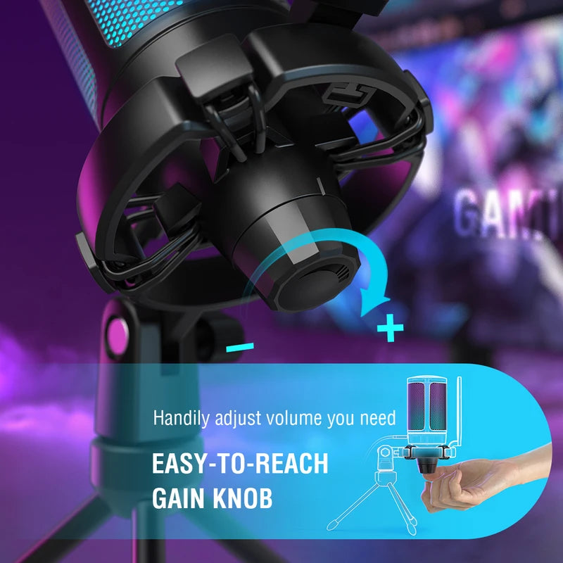 Gaming USB Microphone with Pop Filter Shock Mount & Gain Control for Streaming