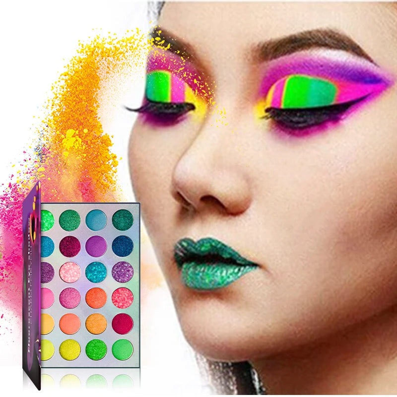 24-Color Neon Rainbow Eyeshadow Palette UV Fluorescent Matte Glitter Waterproof