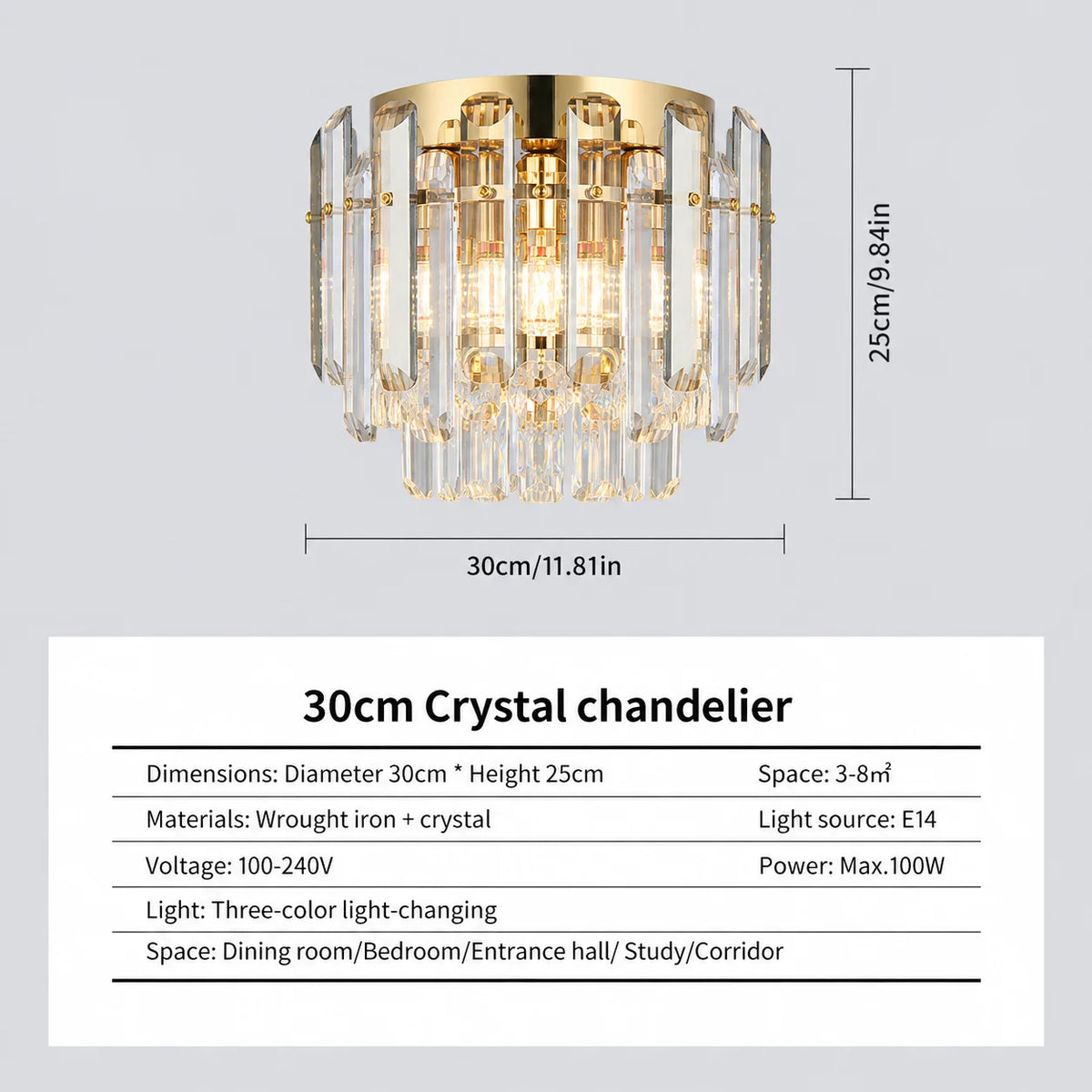 Smoked Gold Crystal Chandelier - Adjustable Round K9 Crystal Modern Lighting for Dining Living Bedroom Entryway