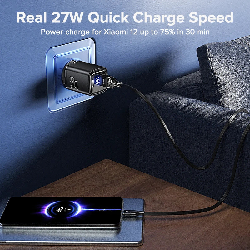 33W GaN Dual-Port Fast Charger Adapter USB C & USB A Compatible with Smartphone Tablet