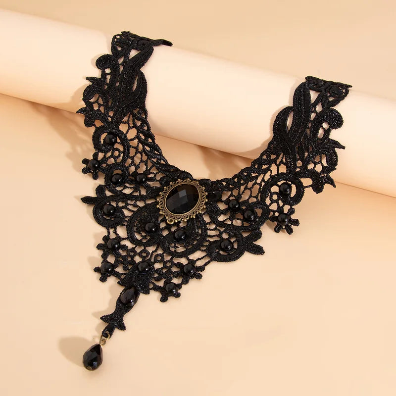 Vintage Black Lace Bead Necklace Gothic Steampunk Style Pendant Collar
