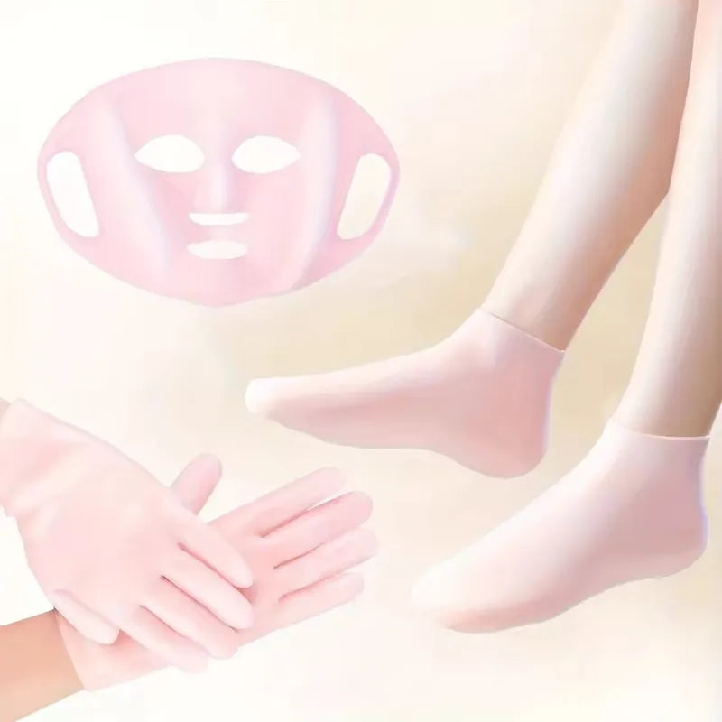 Silicone Skin Care 3-Piece Set - Reusable Moisturizing Masks, Gloves & Socks for Hands, Feet & Face