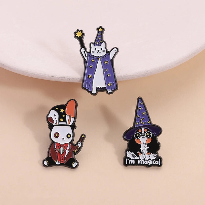Halloween Animal Enamel Pin Set — Frog Wizard Brooches for Kids & Friends