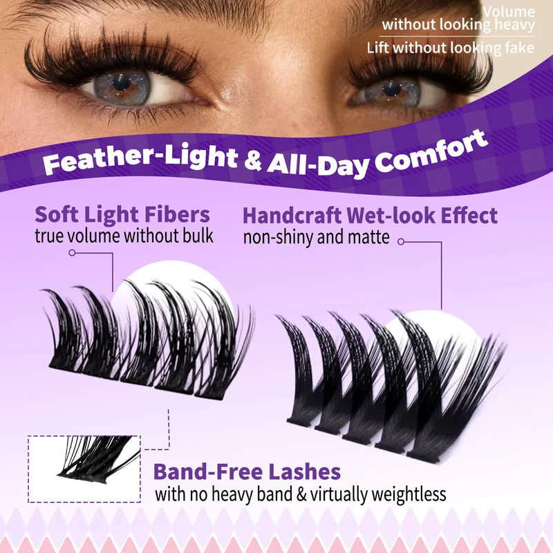 300Pcs Lash Clusters Kit with 3 Styles, Wispy Fairy Lashes, C Curl, 10-18mm, Bond & Seal - Black & Sky Blue