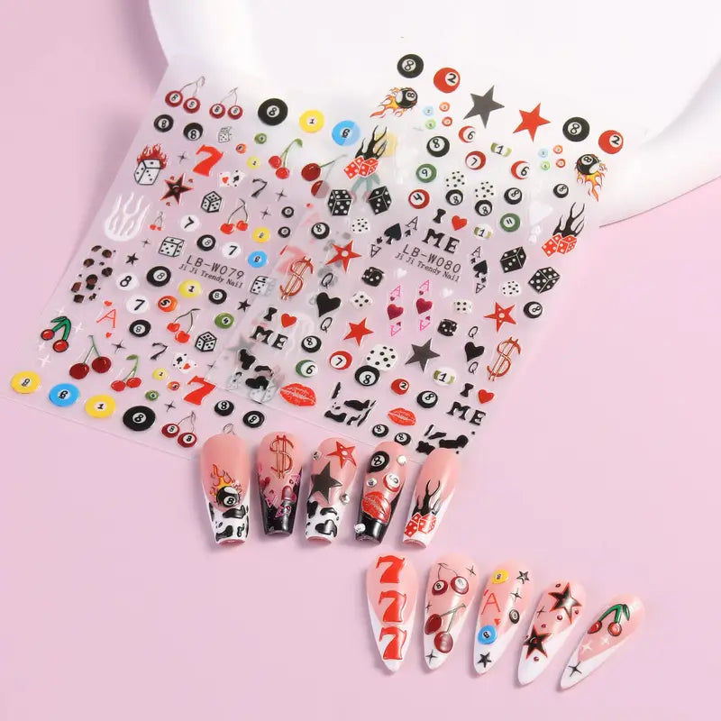 Self-Adhesive Billiard Ball & Number 7 Nail Stickers - Glossy Poker & Pool Decals
