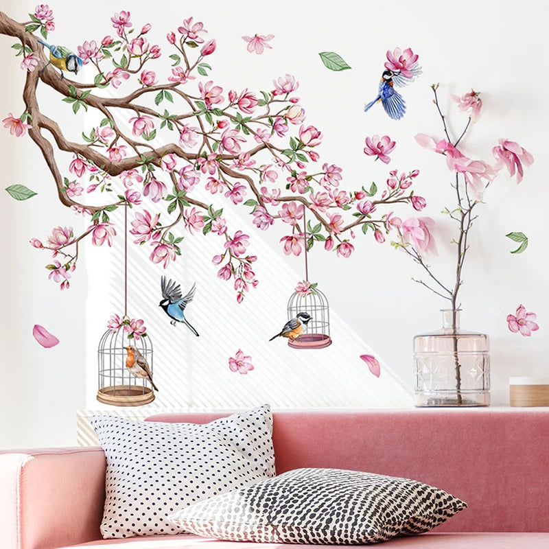 Pink Peach Blossom Bird Wall Decal - Self-Adhesive Art Sticker for Bedroom Living Room