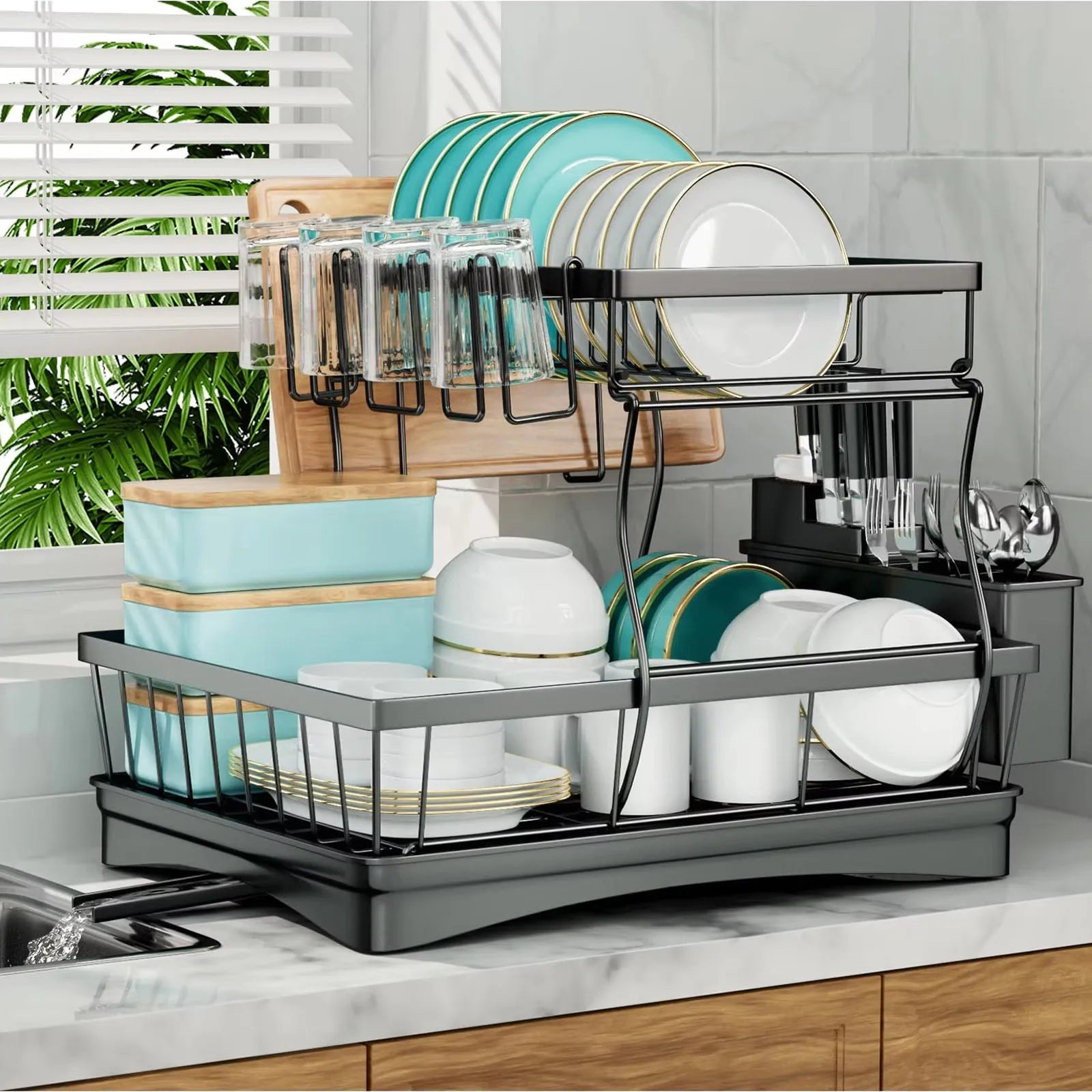 Large 2-Tier Dish Drying Rack for Kitchen Countertops - Removable, High Capacity