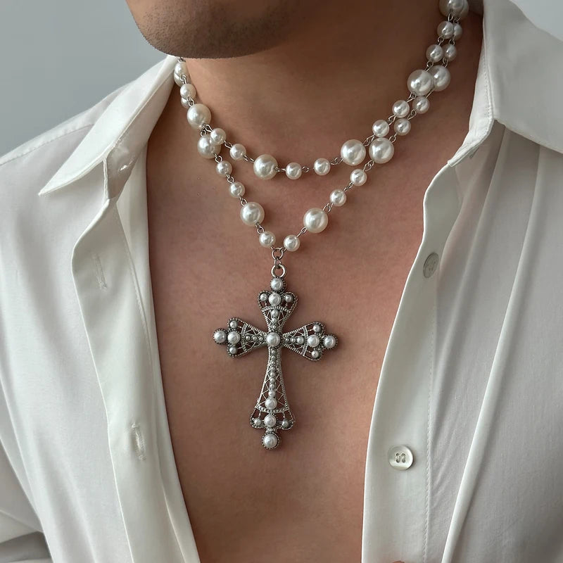 Elegant Imitation Pearl Choker Necklace with Cross Pendant for Men Women - Goth Party Jewelry