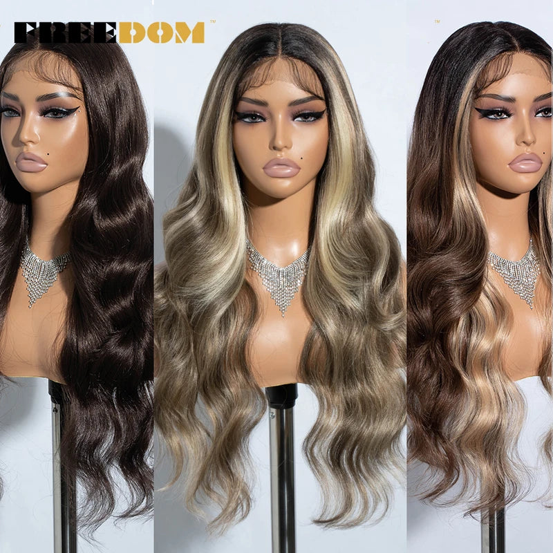 Synthetic Lace Front Wig for Women - 26 Inch Highlight Honey Brown Body Wave Ombre Blonde Cosplay Wig