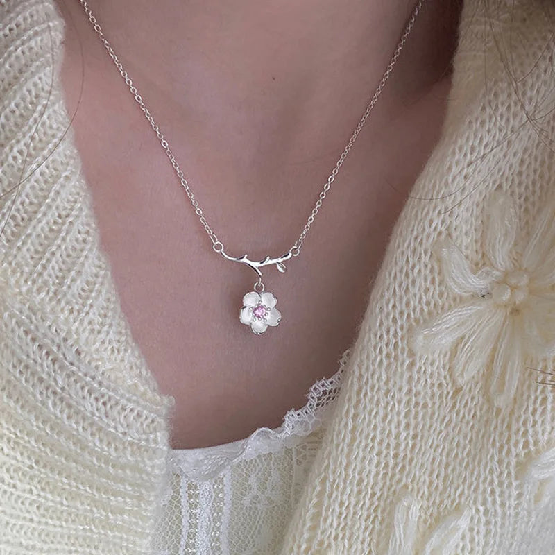 Romantic Cherry Blossom Flower Necklace for Women with Crystal Butterfly and Pearl Pendant – Party Jewelry
