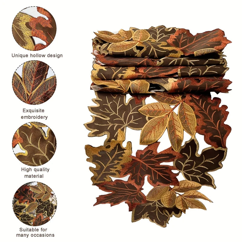 Autumn Maple Leaf Embroidered Table Runner with Flocked Design - Rustic Farmhouse Thanksgiving Decor